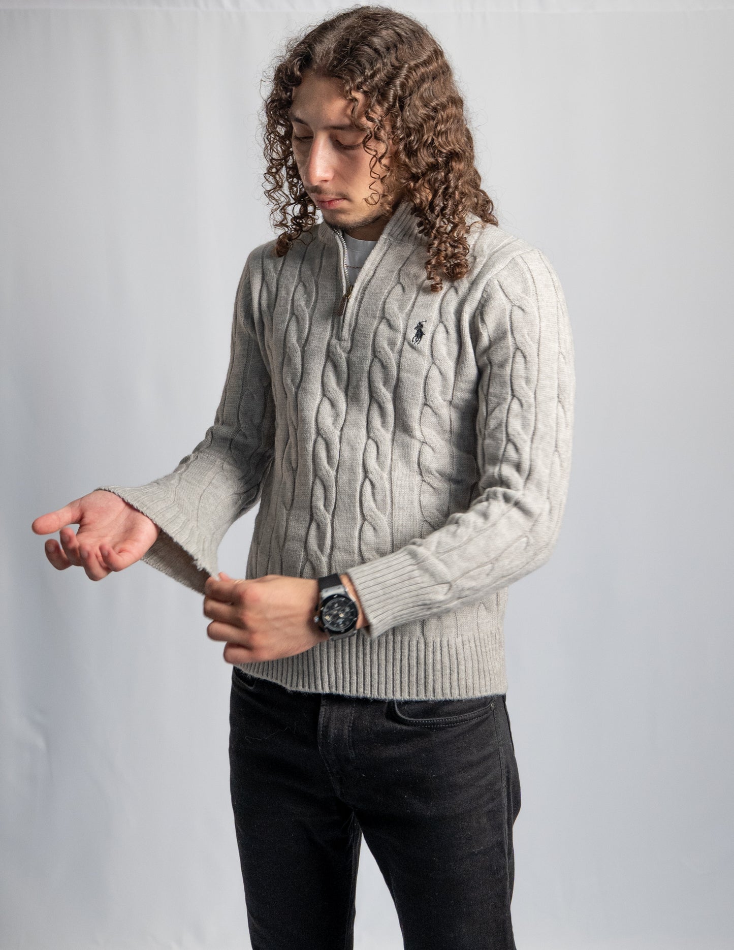 Pull Ralph Lauren Gris – Maille torsadée zip