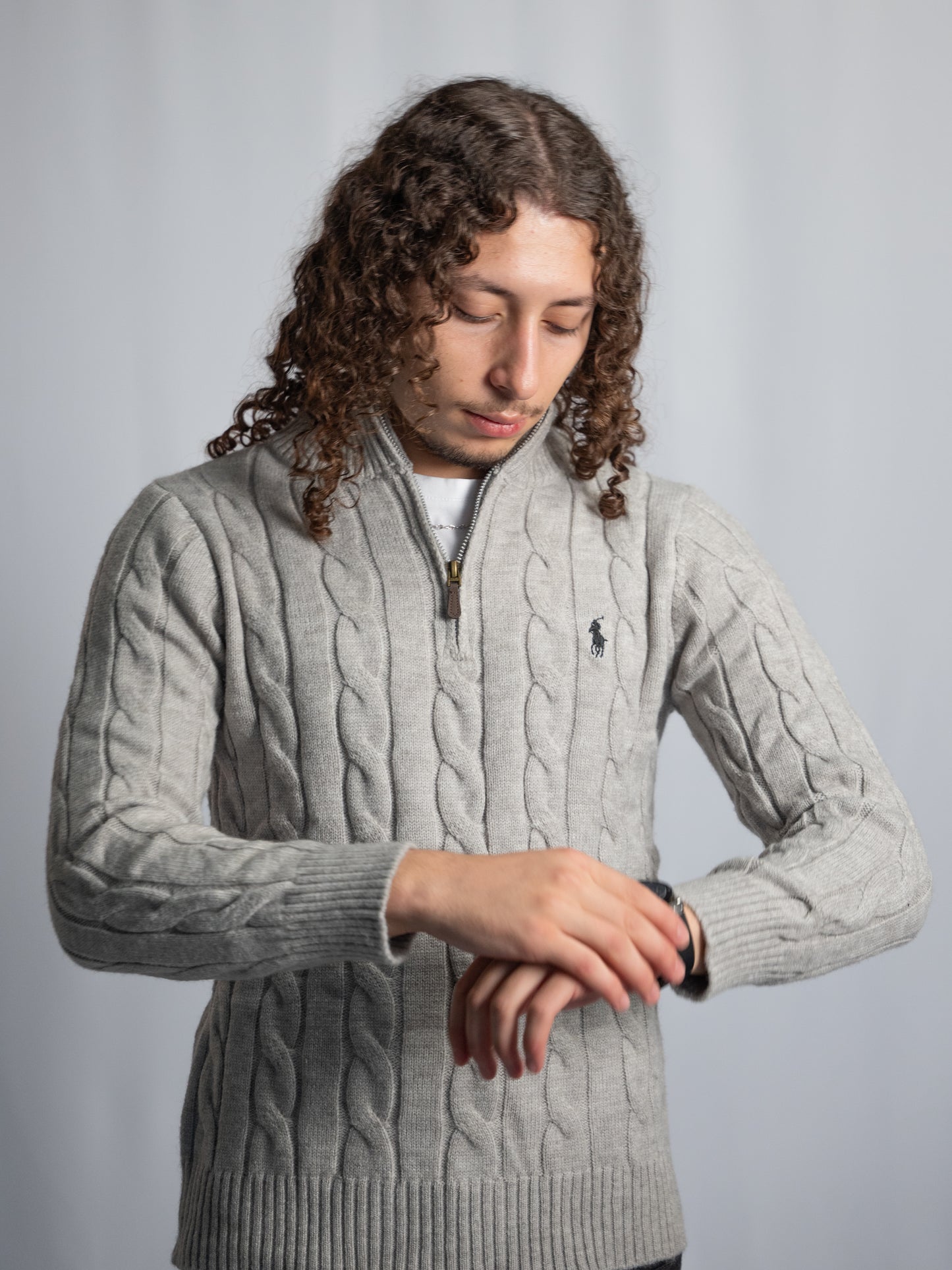 Pull Ralph Lauren Gris – Maille torsadée zip